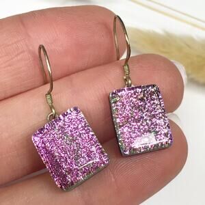 925 Sterling Silver Dichroic Glass Pink Glitter Square Rectangle Drop Earrings
